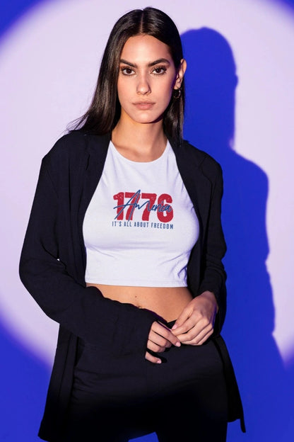 Front Print - Crop Top |1776 Freedom | B/W color | Round Neckline | Cropped Fit | 100 % Cotton
