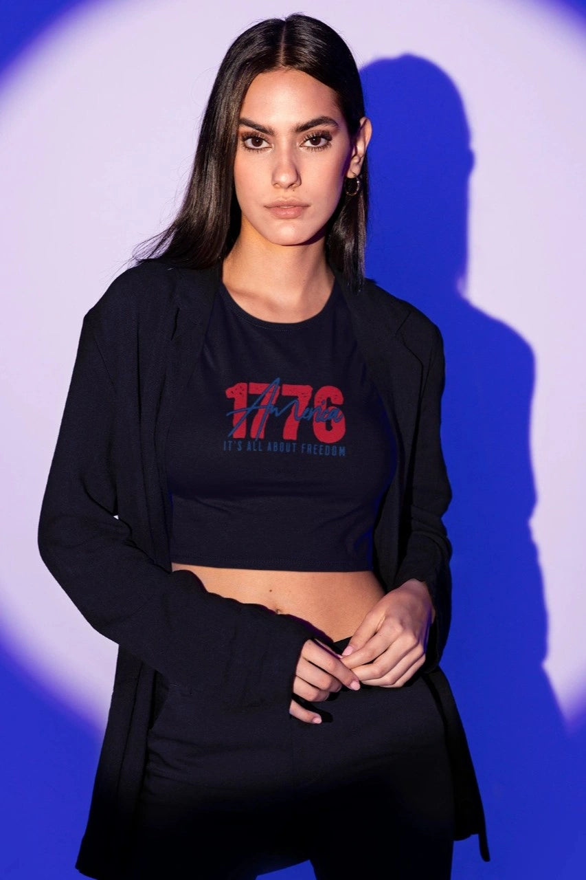 Front Print - Crop Top |1776 Freedom | B/W color | Round Neckline | Cropped Fit | 100 % Cotton
