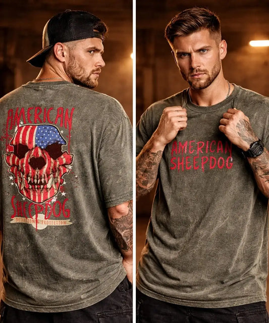 2-Sided Printing | Acid Wash| American Sheepdog |  2 Military color | Round Neckline | Oversized Fit | 100 % Cotton T-shirt