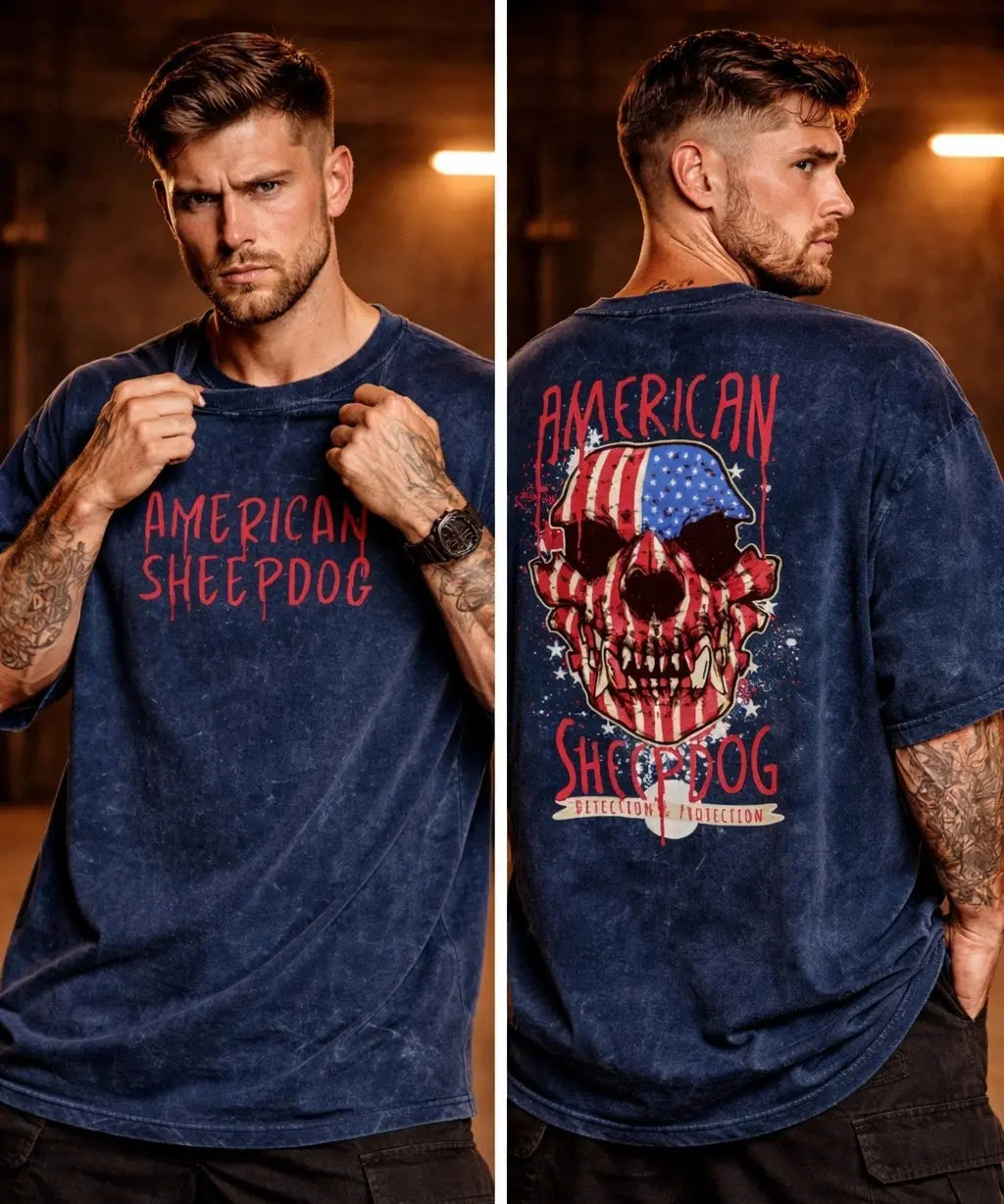 2-Sided Printing | Acid Wash| American Sheepdog |  2 Military color | Round Neckline | Oversized Fit | 100 % Cotton T-shirt