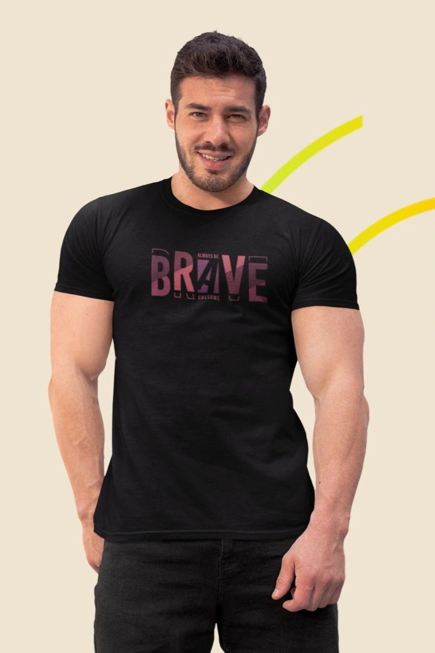 Front Print | Stretch T-shirt | BRAVE | Black color | Round Neckline | Regular Fit | | Premium blend | 95% cotton and 5% elastane