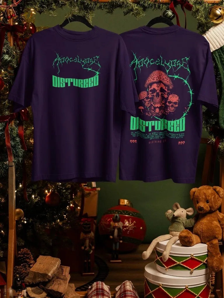 2-Sided Printing | Apocalypse Disturbed | 4 Dark Shade color | Round Neckline | Oversized Fit | 100 % Cotton