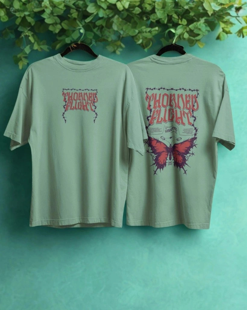 Two Sided Printing | Terry Cotton | THORNED FLIGHT | 3 color | Round Neckline | Drop Shoulders | Oversized Fit