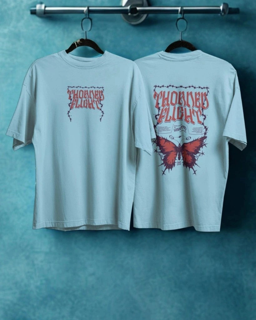 Two Sided Printing | Terry Cotton | THORNED FLIGHT | 3 color | Round Neckline | Drop Shoulders | Oversized Fit