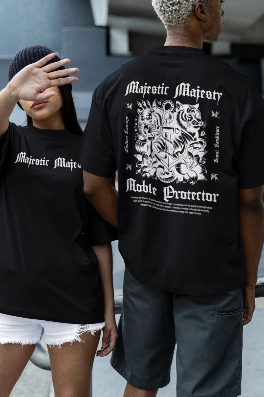 Two Sided Printing | Majestic Majesty | Black color | 180GSM | Round Neckline | Oversized Fit | 100 % Cotton