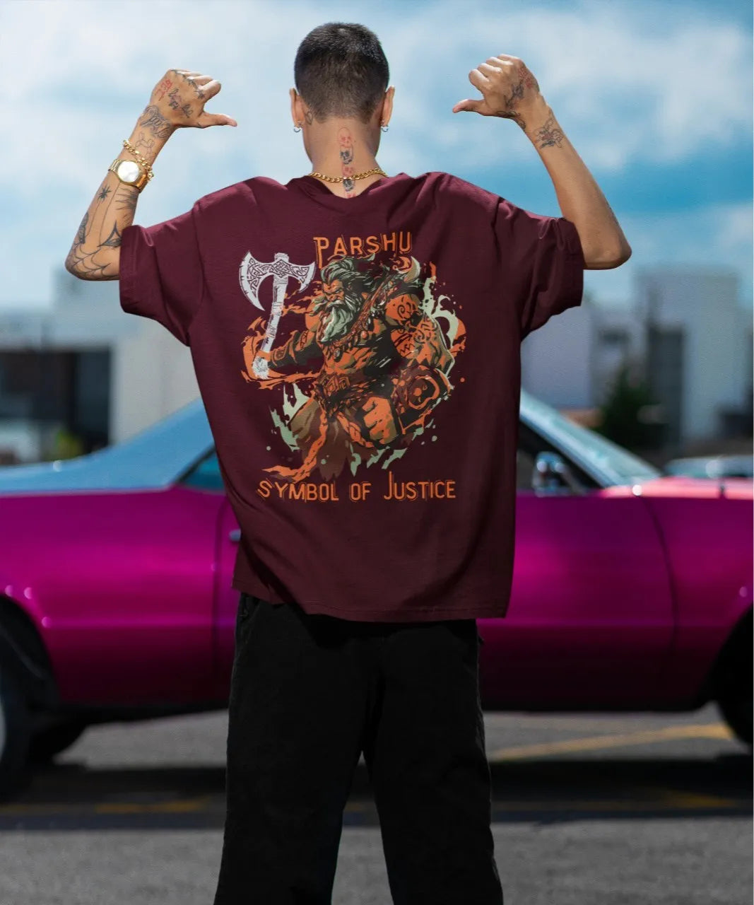 2-Sided Printing | Parshuram-Dark | 3 dark shade color | Round Neckline | Oversized Fit | 100 % Cotton T-shirt