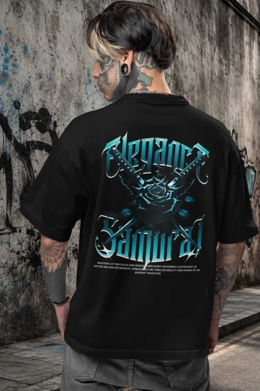 Two Sided Printing | Elegance Samurai | 2 Dark color | Round Neckline | Oversized Drape Fit | 100 % Cotton