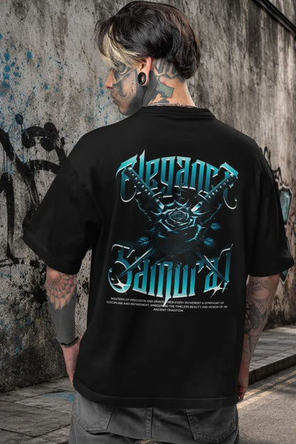 Two Sided Printing | Elegance Samurai | 2 Dark color | Round Neckline | Oversized Drape Fit | 100 % Cotton