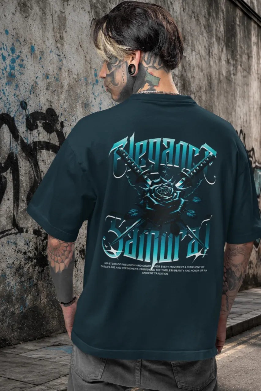 Two Sided Printing | Elegance Samurai | 2 Dark color | Round Neckline | Oversized Drape Fit | 100 % Cotton