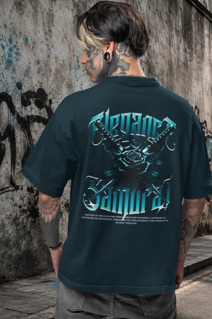 Two Sided Printing | Elegance Samurai | 2 Dark color | Round Neckline | Oversized Drape Fit | 100 % Cotton