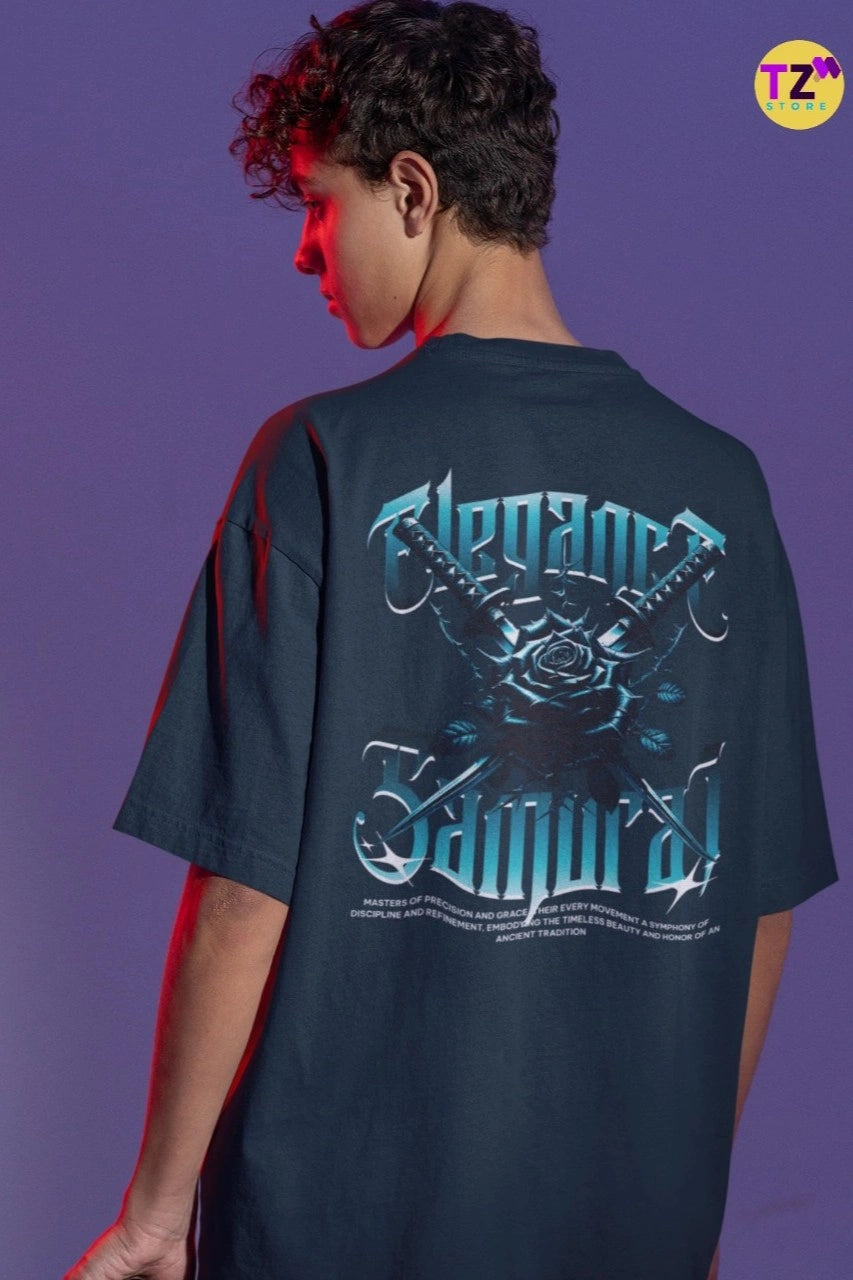 Two Sided Printing | Elegance Samurai | 2 Dark color | Round Neckline | Oversized Drape Fit | 100 % Cotton