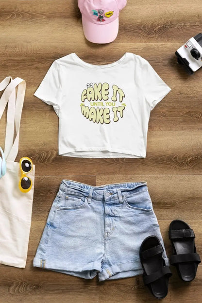 Front Print - Crop Top | Fake it | 4 Attractive color | Round Neckline | Cropped Fit | 100 % Cotton