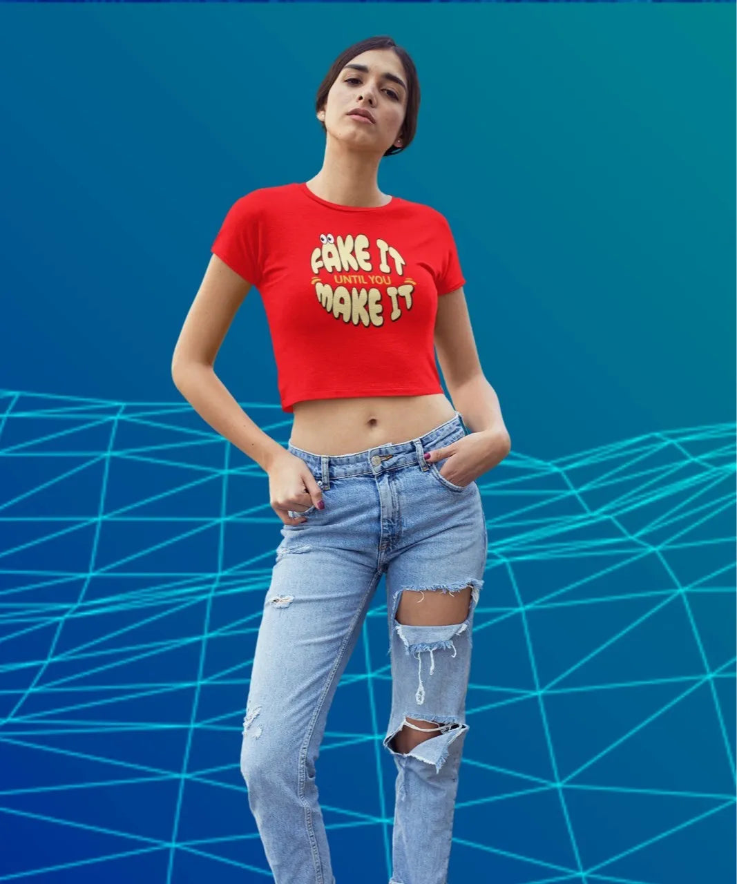 Front Print - Crop Top | Fake it | 4 Attractive color | Round Neckline | Cropped Fit | 100 % Cotton