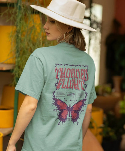 Two Sided Printing | Terry Cotton | THORNED FLIGHT | 3 color | Round Neckline | Drop Shoulders | Oversized Fit