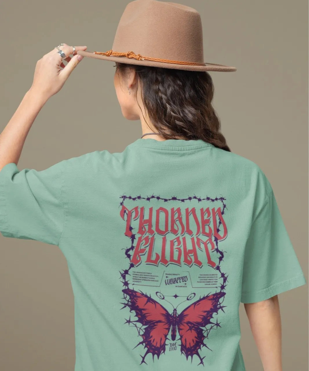 Two Sided Printing | Terry Cotton | THORNED FLIGHT | 3 color | Round Neckline | Drop Shoulders | Oversized Fit
